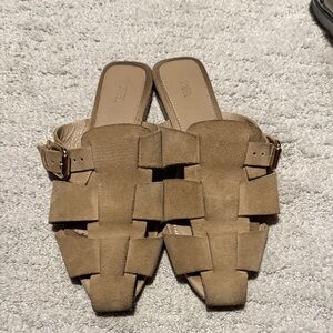Zara Tan Suede Woven Slide Sandals with Gold Buckle